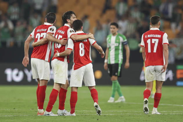 ESP: Real Betis-SC Braga. UEFA Europa League. Quarter-Finals, second Leg. Joao Moutinho, Gabriel Moscardo, Florian Grillitsch and Paulo Oliveira of SC Braga during the UEFA Europa League match, Quarter-Finals, second leg between Real Betis and SC Braga. Olimpico de la Cartuja Stadium on April 17, 2026 in Sevilla, Spain. kpng Copyright: xAntonioxPozox xPRESSINPHOTOx AP_260417_BET_BRA_2526_195