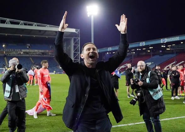 Blackburn, England, 17th April 2026. Frank Lampard manager of Coventry City celebrates promotion to the Premier League during the Blackburn Rovers vs Coventry City Sky Bet Championship match at Ewood Park, Blackburn. Picture credit should read: Andrew Yates Sportimage EDITORIAL USE ONLY. No use with unauthorised audio, video, data, fixture lists, club league logos or live services. Online in-match use limited to 120 images, no video emulation. No use in betting, games or single club league player publications. SPI_038_AY_BBurn_Cov SPI-4694-0041