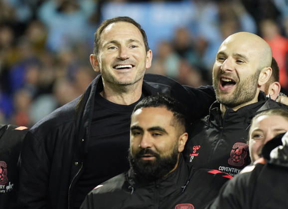 Blackburn, England, 17th April 2026. Frank Lampard manager of Coventry City celebrates promotion to the Premier League during the Blackburn Rovers vs Coventry City Sky Bet Championship match at Ewood Park, Blackburn. Picture credit should read: Andrew Yates Sportimage EDITORIAL USE ONLY. No use with unauthorised audio, video, data, fixture lists, club league logos or live services. Online in-match use limited to 120 images, no video emulation. No use in betting, games or single club league player publications. SPI_040_AY_BBurn_Cov SPI-4694-0043