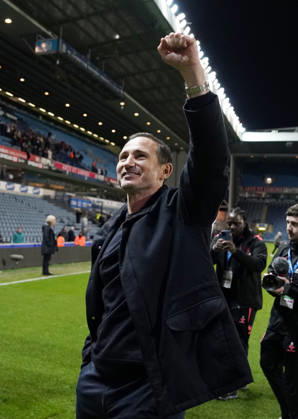 Blackburn, England, 17th April 2026. Frank Lampard manager of Coventry City celebrates Promotion to the Premier League during the Blackburn Rovers vs Coventry City Sky Bet Championship match at Ewood Park, Blackburn. Picture credit should read: Andrew Yates Sportimage EDITORIAL USE ONLY. No use with unauthorised audio, video, data, fixture lists, club league logos or live services. Online in-match use limited to 120 images, no video emulation. No use in betting, games or single club league player publications. SPI_058_AY_BBurn_Cov SPI-4694-0060