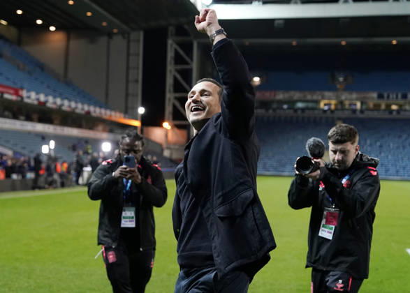 Blackburn, England, 17th April 2026. Frank Lampard manager of Coventry City celebrates Promotion to the Premier League during the Blackburn Rovers vs Coventry City Sky Bet Championship match at Ewood Park, Blackburn. Picture credit should read: Andrew Yates Sportimage EDITORIAL USE ONLY. No use with unauthorised audio, video, data, fixture lists, club league logos or live services. Online in-match use limited to 120 images, no video emulation. No use in betting, games or single club league player publications. SPI_059_AY_BBurn_Cov SPI-4694-0061
