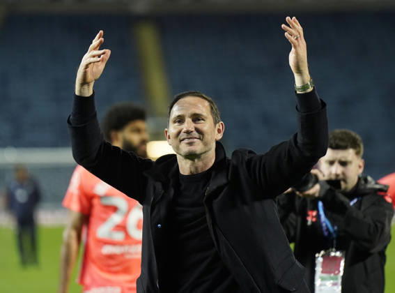 Blackburn, England, 17th April 2026. Frank Lampard manager of Coventry City celebrates Promotion to the Premier League during the Blackburn Rovers vs Coventry City Sky Bet Championship match at Ewood Park, Blackburn. Picture credit should read: Andrew Yates Sportimage EDITORIAL USE ONLY. No use with unauthorised audio, video, data, fixture lists, club league logos or live services. Online in-match use limited to 120 images, no video emulation. No use in betting, games or single club league player publications. SPI_062_AY_BBurn_Cov SPI-4694-0063