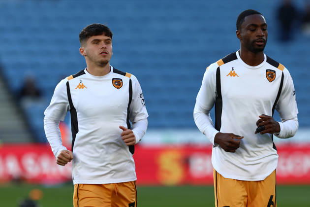 Leicester City v Hull City, EFL Sky Bet Championship Hull City defender Lewie Coyle (2) & Hull City defender Semi Ajayi (6) before the EFL Sky Bet Championship match between Leicester City and Hull City at the King Power Stadium, Leicester, UK on 21 April 2026. Leicester King Power Stadium Leicestershire UK Editorial use only DataCo restrictions apply See www.football-dataco.com , Copyright: xJohnxMallettx PSI-24111-0020
