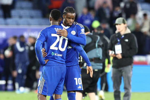 Leicester City v Hull City, EFL Sky Bet Championship Leicester City forward Patson Daka (20) & Leicester City forward Stephy Mavididi (10) console each other hug at the end of the EFL Sky Bet Championship match between Leicester City and Hull City at the King Power Stadium, Leicester, UK on 21 April 2026. Leicester King Power Stadium Leicestershire UK Editorial use only DataCo restrictions apply See www.football-dataco.com , Copyright: xJohnxMallettx PSI-24111-0075
