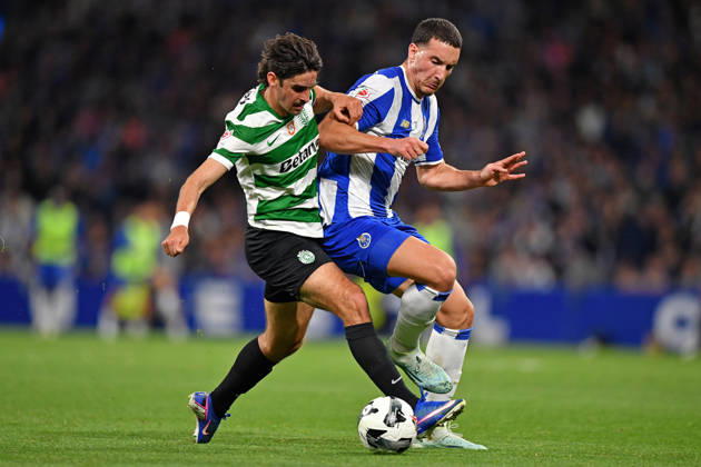 22nd April 2026; Dragao Stadium, Porto, Portugal; Taca de Portugal, FC Porto versus Sporting Lisboa; Deniz Gul of FC Porto battles for possession ball with Francisco Trincao of Sporting Lisboa DanielxCastro DiaEsportivo