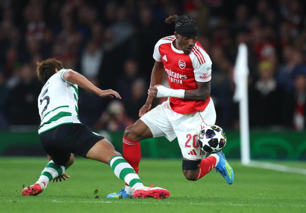 Arsenal FC v Sporting Clube de Portugal - UEFA Champions League 2025 26 Quarter-Final Second Leg Hidemasa Morita of Sporting Clube de Portugal challenge on Noni Madueke of Arsenal during the UEFA Champions League 2025 26 Quarter-Final Second Leg match between Arsenal FC and Sporting Clube de Portugal at Arsenal Stadium on April 15, 2026 in London, England. WARNING! This Photograph May Only Be Used For Newspaper And Or Magazine Editorial Purposes. May Not Be Used For Publications Involving 1 player, 1 Club Or 1 Competition Without Written Authorisation From Football DataCo Ltd. For Any Queries, Please Contact Football DataCo Ltd on +44 (0) 207 864 9121 London Arsenal Stadium England United Kingdom Copyright: xAllstarxPicturexLibraryxLtdx