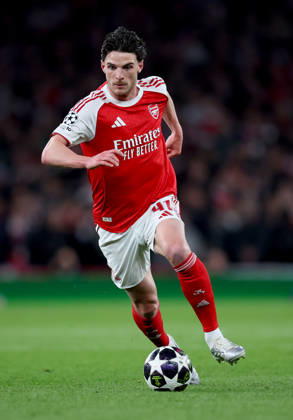 Arsenal FC v Sporting Clube de Portugal - UEFA Champions League 2025 26 Quarter-Final Second Leg Declan Rice of Arsenal on the ball during the UEFA Champions League 2025 26 Quarter-Final Second Leg match between Arsenal FC and Sporting Clube de Portugal at Arsenal Stadium on April 15, 2026 in London, England. WARNING! This Photograph May Only Be Used For Newspaper And Or Magazine Editorial Purposes. May Not Be Used For Publications Involving 1 player, 1 Club Or 1 Competition Without Written Authorisation From Football DataCo Ltd. For Any Queries, Please Contact Football DataCo Ltd on +44 (0) 207 864 9121 London Arsenal Stadium England United Kingdom Copyright: xAllstarxPicturexLibraryxLtdx