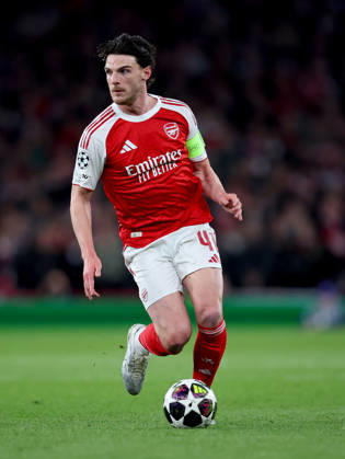 Arsenal FC v Sporting Clube de Portugal - UEFA Champions League 2025 26 Quarter-Final Second Leg Declan Rice of Arsenal on the ball during the UEFA Champions League 2025 26 Quarter-Final Second Leg match between Arsenal FC and Sporting Clube de Portugal at Arsenal Stadium on April 15, 2026 in London, England. WARNING! This Photograph May Only Be Used For Newspaper And Or Magazine Editorial Purposes. May Not Be Used For Publications Involving 1 player, 1 Club Or 1 Competition Without Written Authorisation From Football DataCo Ltd. For Any Queries, Please Contact Football DataCo Ltd on +44 (0) 207 864 9121 London Arsenal Stadium England United Kingdom Copyright: xAllstarxPicturexLibraryxLtdx