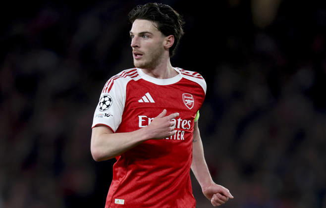 Arsenal FC v Sporting Clube de Portugal - UEFA Champions League 2025 26 Quarter-Final Second Leg Declan Rice of Arsenal running during the UEFA Champions League 2025 26 Quarter-Final Second Leg match between Arsenal FC and Sporting Clube de Portugal at Arsenal Stadium on April 15, 2026 in London, England. WARNING! This Photograph May Only Be Used For Newspaper And Or Magazine Editorial Purposes. May Not Be Used For Publications Involving 1 player, 1 Club Or 1 Competition Without Written Authorisation From Football DataCo Ltd. For Any Queries, Please Contact Football DataCo Ltd on +44 (0) 207 864 9121 London Arsenal Stadium England United Kingdom Copyright: xAllstarxPicturexLibraryxLtdx