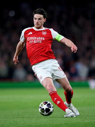 Arsenal FC v Sporting Clube de Portugal - UEFA Champions League 2025 26 Quarter-Final Second Leg Declan Rice of Arsenal on the ball during the UEFA Champions League 2025 26 Quarter-Final Second Leg match between Arsenal FC and Sporting Clube de Portugal at Arsenal Stadium on April 15, 2026 in London, England. WARNING! This Photograph May Only Be Used For Newspaper And Or Magazine Editorial Purposes. May Not Be Used For Publications Involving 1 player, 1 Club Or 1 Competition Without Written Authorisation From Football DataCo Ltd. For Any Queries, Please Contact Football DataCo Ltd on +44 (0) 207 864 9121 London Arsenal Stadium England United Kingdom Copyright: xAllstarxPicturexLibraryxLtdx