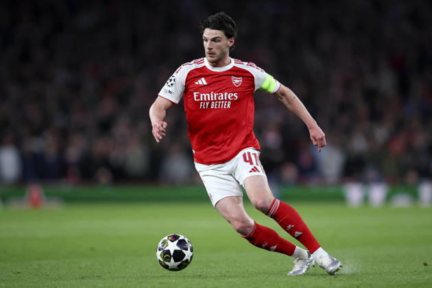 Arsenal FC v Sporting Clube de Portugal - UEFA Champions League 2025 26 Quarter-Final Second Leg Declan Rice of Arsenal on the ball during the UEFA Champions League 2025 26 Quarter-Final Second Leg match between Arsenal FC and Sporting Clube de Portugal at Arsenal Stadium on April 15, 2026 in London, England. WARNING! This Photograph May Only Be Used For Newspaper And Or Magazine Editorial Purposes. May Not Be Used For Publications Involving 1 player, 1 Club Or 1 Competition Without Written Authorisation From Football DataCo Ltd. For Any Queries, Please Contact Football DataCo Ltd on +44 (0) 207 864 9121 London Arsenal Stadium England United Kingdom Copyright: xAllstarxPicturexLibraryxLtdx