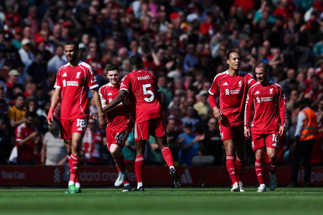 Liverpool, England, 25th April 2026. Andrew Robertson of Liverpool celebrates scoring his team™s second goal with teammate during the Liverpool vs Crystal Palace Premier League match at Anfield, Liverpool. Picture credit should read: Jessica Hornby Sportimage EDITORIAL USE ONLY. No use with unauthorised audio, video, data, fixture lists, club league logos or live services. Online in-match use limited to 120 images, no video emulation. No use in betting, games or single club league player publications. SPI_037_JH_LIVERPOOL_CRYSTAL_PALACE SPI-4733-0037