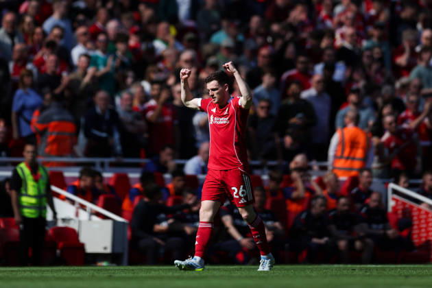 Liverpool, England, 25th April 2026. Andrew Robertson of Liverpool celebrates scoring his team™s second goal during the Liverpool vs Crystal Palace Premier League match at Anfield, Liverpool. Picture credit should read: Jessica Hornby Sportimage EDITORIAL USE ONLY. No use with unauthorised audio, video, data, fixture lists, club league logos or live services. Online in-match use limited to 120 images, no video emulation. No use in betting, games or single club league player publications. SPI_039_JH_LIVERPOOL_CRYSTAL_PALACE SPI-4733-0039