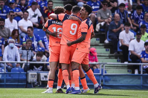 25 April 2026; Estadio Coliseum, Madrid, Spain; La Liga Football, Getafe CF versus FC Barcelona, Barca Marcus Rashford makes the 2-0 and celebrate his teammates Getafe vs FC Barcelona 900 Cordon Press 900 CordonxPress LOF - Getafe vs FC Barcelona