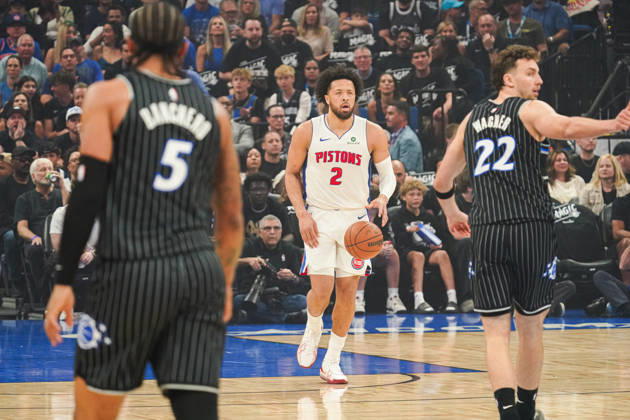 Detroit Pistons at Orlando Magic, Orlando, Florida, USA Orlando, Florida, USA, April 25, 2026, Detroit Pistons guard Cade Cunningham 2 moving upcourt at the Kia Center. Copyright: xMartyxJean-Louisx