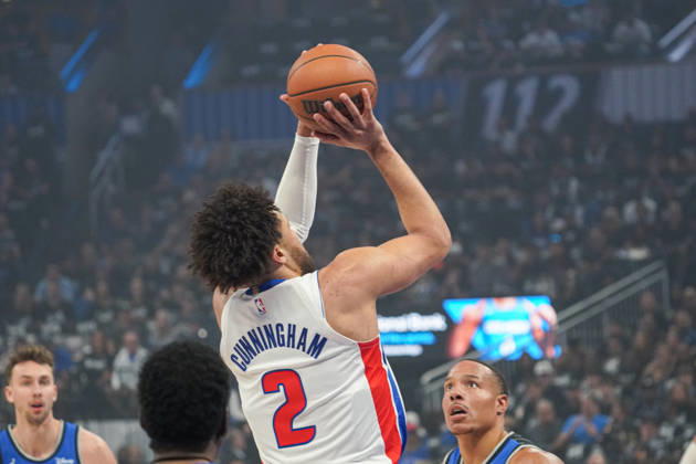 Detroit Pistons at Orlando Magic, Orlando, Florida, USA Orlando, Florida, USA, April 25, 2026, Detroit Pistons guard Cade Cunningham 2 shooting a three at the Kia Center. Copyright: xMartyxJean-Louisx