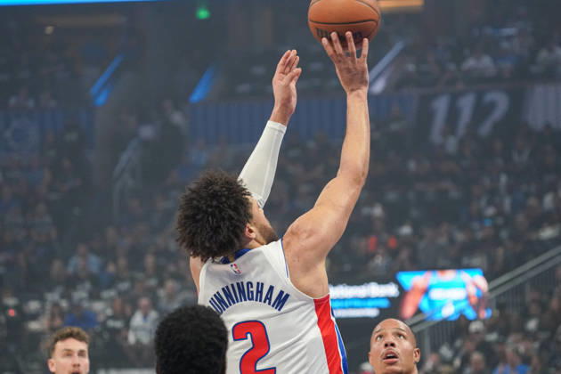 Detroit Pistons at Orlando Magic, Orlando, Florida, USA Orlando, Florida, USA, April 25, 2026, Detroit Pistons guard Cade Cunningham 2 shooting a three at the Kia Center. Copyright: xMartyxJean-Louisx