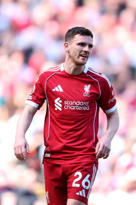 Liverpool, England, 25th April 2026. Andrew Robertson of Liverpool looks on during the Liverpool vs Crystal Palace Premier League match at Anfield, Liverpool. Picture credit should read: Jessica Hornby Sportimage EDITORIAL USE ONLY. No use with unauthorised audio, video, data, fixture lists, club league logos or live services. Online in-match use limited to 120 images, no video emulation. No use in betting, games or single club league player publications. SPI_150_JH_LIVERPOOL_CRYSTAL_PALACE SPI-4733-0150