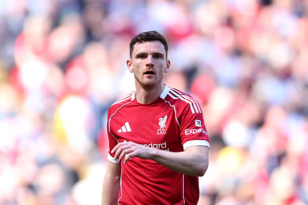 Liverpool, England, 25th April 2026. Andrew Robertson of Liverpool looks on during the Liverpool vs Crystal Palace Premier League match at Anfield, Liverpool. Picture credit should read: Jessica Hornby Sportimage EDITORIAL USE ONLY. No use with unauthorised audio, video, data, fixture lists, club league logos or live services. Online in-match use limited to 120 images, no video emulation. No use in betting, games or single club league player publications. SPI_151_JH_LIVERPOOL_CRYSTAL_PALACE SPI-4733-0151