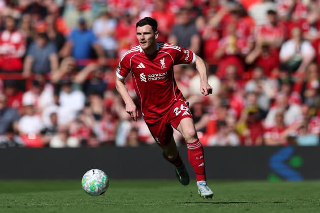 Liverpool, England, 25th April 2026. Andrew Robertson of Liverpool runs with the ball during the Liverpool vs Crystal Palace Premier League match at Anfield, Liverpool. Picture credit should read: Jessica Hornby Sportimage EDITORIAL USE ONLY. No use with unauthorised audio, video, data, fixture lists, club league logos or live services. Online in-match use limited to 120 images, no video emulation. No use in betting, games or single club league player publications. SPI_169_JH_LIVERPOOL_CRYSTAL_PALACE SPI-4733-0169