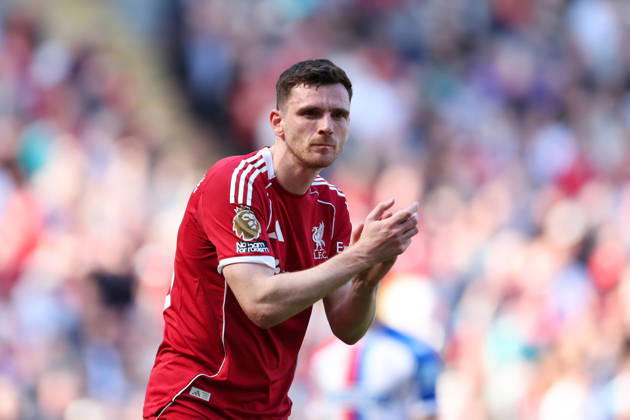 Liverpool, England, 25th April 2026. Andrew Robertson of Liverpool during the Liverpool vs Crystal Palace Premier League match at Anfield, Liverpool. Picture credit should read: Jessica Hornby Sportimage EDITORIAL USE ONLY. No use with unauthorised audio, video, data, fixture lists, club league logos or live services. Online in-match use limited to 120 images, no video emulation. No use in betting, games or single club league player publications. SPI_176_JH_LIVERPOOL_CRYSTAL_PALACE SPI-4733-0176