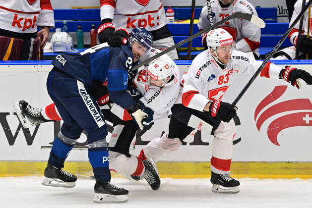 Sport Bilder des Tages Czech Hockey Games, part of Euro Hockey tour series match Switzerland vs Finland in Ceske Budejovice, May 2, 2026. From left Hannes Bjorninen of Finland, Gaetan Haas of Switzerland, Dario Meyer of Switzerland. (CTKxPhoto VaclavxPancer) CTKPhotoP2026050202653  CTKPhotoP2026050202653