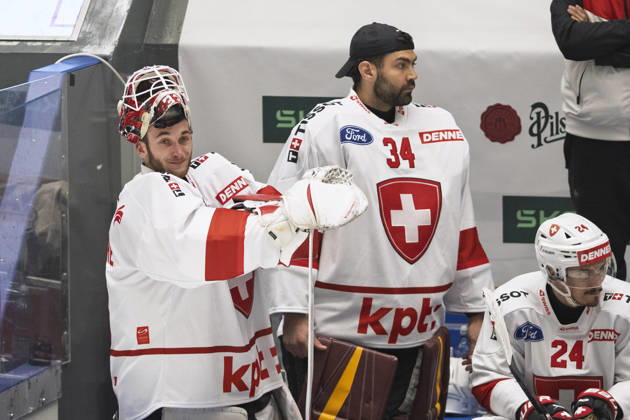 Czech Hockey Games, part of Euro Hockey tour series match Switzerland vs Finland in Ceske Budejovice, May 2, 2026. From left goalies Kevin Pasche, Stephane Charlin, Tobias Geisser, all of Switzerland. (CTKxPhoto VaclavxPancer) CTKPhotoP2026050202834  CTKPhotoP2026050202834