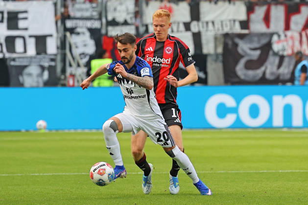 Frankfurt, Germany 02 May 2026 1 BL 2025 2026 Sp 32 Eintracht Frankfurt v Hamburger SV In picture from left in duel Fabio Vieira HSV v Hugo Larsson Frankfurt DFL regulations prohibit any use of photographs as image sequences and or quasi video Deutsche Bank Park Hessen Copyright: xFotostandx xRacochax