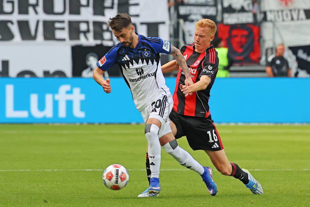 Frankfurt, Germany 02 May 2026 1 BL 2025 2026 Sp 32 Eintracht Frankfurt v Hamburger SV In picture from left in duel Fabio Vieira HSV v Hugo Larsson Frankfurt DFL regulations prohibit any use of photographs as image sequences and or quasi video Deutsche Bank Park Hessen Copyright: xFotostandx xRacochax