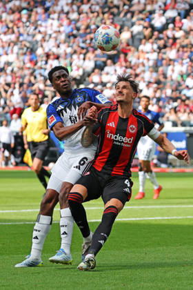 Frankfurt, Germany 02 May 2026 1 BL 2025 2026 Sp 32 Eintracht Frankfurt v Hamburger SV Pictured from left in duel Albert Lokonga HSV v Robin Koch Frankfurt DFL regulations prohibit any use of photographs as image sequences and or quasi video Deutsche Bank Park Hessen Copyright: xFotostandx xRacochax