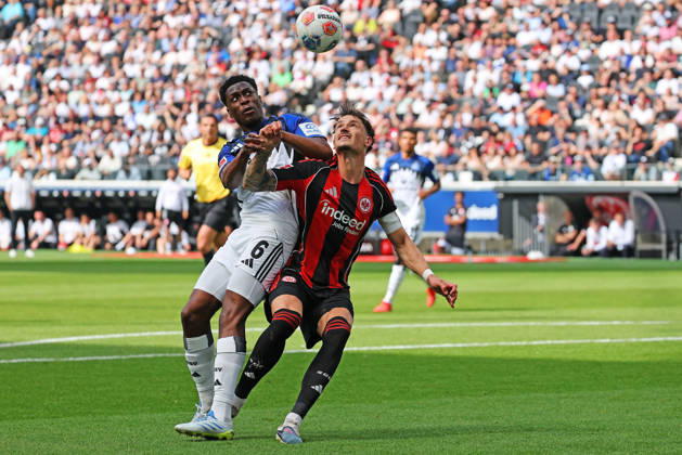 Frankfurt, Germany 02 May 2026 1 BL 2025 2026 Sp 32 Eintracht Frankfurt v Hamburger SV Pictured from left in duel Albert Lokonga HSV v Robin Koch Frankfurt DFL regulations prohibit any use of photographs as image sequences and or quasi video Deutsche Bank Park Hessen Copyright: xFotostandx xRacochax