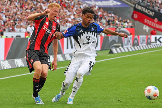 Frankfurt, Germany 02 May 2026 1 BL 2025 2026 Sp 32 Eintracht Frankfurt v Hamburger SV In picture from left in duel Hugo Larsson Frankfurt v Warmed Omari HSV DFL regulations prohibit any use of photographs as image sequences and or quasi video Deutsche Bank Park Hessen Copyright: xFotostandx xRacochax