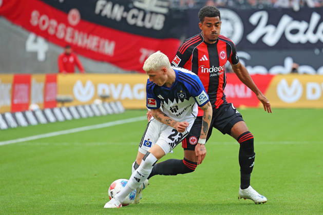Frankfurt, Germany 02 May 2026 1 BL 2025 2026 Sp 32 Eintracht Frankfurt v Hamburger SV Pictured from left in duel Albert Gronbk HSV v Ansgar Knauff Frankfurt DFL regulations prohibit any use of photographs as image sequences and or quasi video Deutsche Bank Park Hessen Copyright: xFotostandx xRacochax