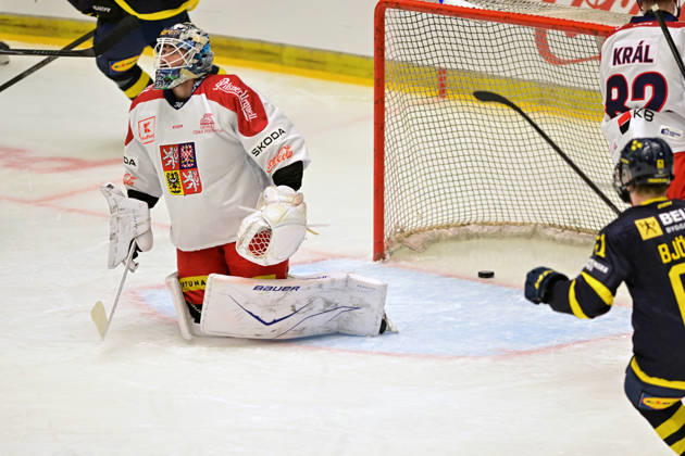 Czech Hockey Games, part of Euro Hockey tour series match Czech Republic vs. Sweden in Ceske Budejovice, May 2, 2026. Czech goalie Jiri Patera receives goal. (CTKxPhoto VaclavxPancer) CTKPhotoP2026050203420  CTKPhotoP2026050203420