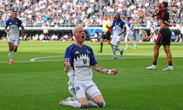 Frankfurt, Germany 02 May 2026 1 BL 2025 2026 Sp 32 Eintracht Frankfurt v Hamburger SV In the picture Goalscorer Albert Gronbk HSV is happy about his goal to equalize 1 1 DFL regulations prohibit any use of photographs as image sequences and or quasi video Deutsche Bank Park Hessen Copyright: xFotostandx xRacochax