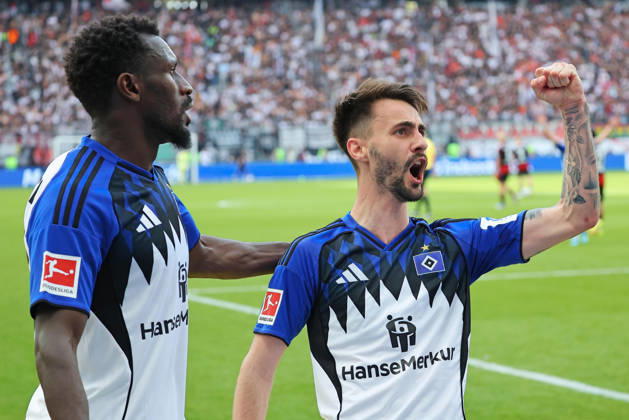 Frankfurt, Germany 02 May 2026 1 BL 2025 2026 Sp 32 Eintracht Frankfurt v Hamburger SV In the picture Goalscorer Fabio Vieira HSV is happy about his goal to lead 2 1 DFL regulations prohibit any use of photographs as image sequences and or quasi video Deutsche Bank Park Hessen Copyright: xFotostandx xRacochax