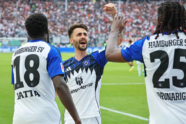 Frankfurt, Germany 02 May 2026 1 BL 2025 2026 Sp 32 Eintracht Frankfurt v Hamburger SV In the picture Goalscorer Fabio Vieira HSV is happy about his goal to lead 2 1 DFL regulations prohibit any use of photographs as image sequences and or quasi video Deutsche Bank Park Hessen Copyright: xFotostandx xRacochax