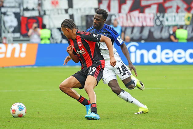 Frankfurt, Germany 02 May 2026 1 BL 2025 2026 Sp 32 Eintracht Frankfurt v Hamburger SV In picture from left in duel Jean Bahoya Frankfurt v Bakery Jatta HSV DFL regulations prohibit any use of photographs as image sequences and or quasi video Deutsche Bank Park Hessen Copyright: xFotostandx xRacochax