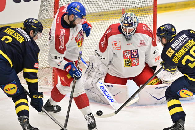 Czech Hockey Games, part of Euro Hockey tour series match Czech Republic vs. Sweden in Ceske Budejovice, May 2, 2026. From left Linus Karlsson of Sweden, Czech Libor Zabransky, Czech Jiri Patera, Erik Brannstrom of Sweden. (CTKxPhoto VaclavxPancer) CTKPhotoP2026050203808  CTKPhotoP2026050203808