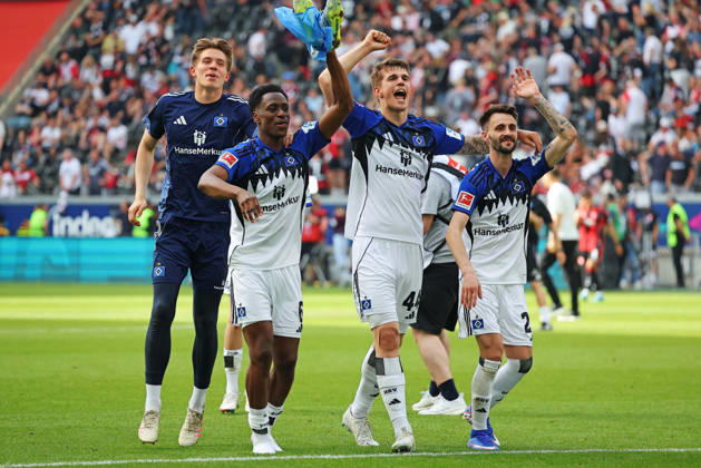 Frankfurt, Germany 02 May 2026 1 BL 2025 2026 Sp 32 Eintracht Frankfurt v Hamburger SV Pictured from left Albert Lokonga HSV , Luka Vuskovic HSV and Fabio Vieira HSV celebrate the away win DFL regulations prohibit any use of photographs as image sequences and or quasi video Deutsche Bank Park Hessen Copyright: xFotostandx xRacochax