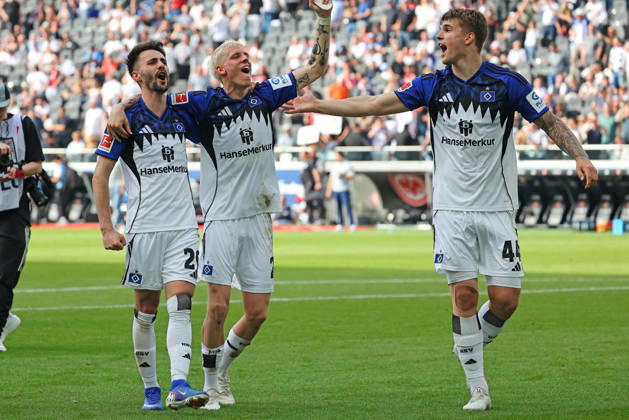 Frankfurt, Germany 02 May 2026 1 BL 2025 2026 Sp 32 Eintracht Frankfurt v Hamburger SV Pictured from left Fabio Vieira HSV , Albert Gronbk HSV and Luka Vuskovic HSV celebrate the 2 1 away win DFL regulations prohibit any use of photographs as image sequences and or quasi video Deutsche Bank Park Hessen Copyright: xFotostandx xRacochax