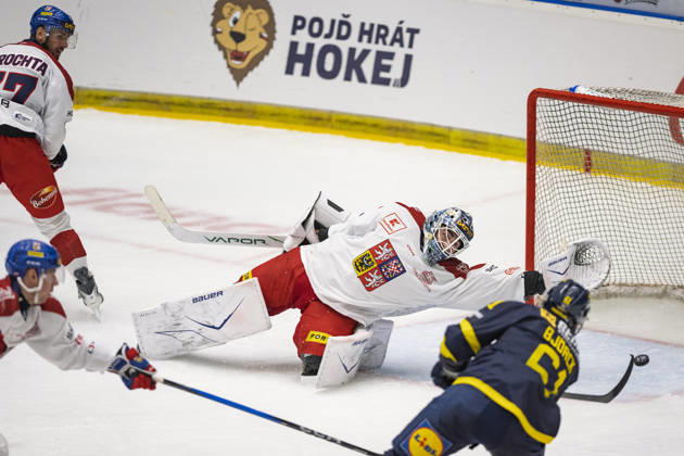 Czech Hockey Games, part of Euro Hockey tour series match Czech Republic vs. Sweden in Ceske Budejovice, May 2, 2026. Czech goalie Jiri Patera receives fourth goal from Viggo Bjorck of Sweden. (CTKxPhoto VaclavxPancer) CTKPhotoP2026050204758  CTKPhotoP2026050204758