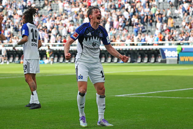 Frankfurt, Germany 02 May 2026 1 BL 2025 2026 Sp 32 Eintracht Frankfurt v Hamburger SV In the picture Giorgi Gocholeishvili HSV is exuberantly happy about the 2 1 away win DFL regulations prohibit any use of photographs as image sequences and or quasi video Deutsche Bank Park Hessen Copyright: xFotostandx xRacochax