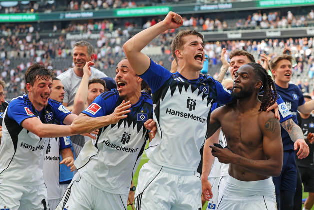 Frankfurt, Germany 02 May 2026 1 BL 2025 2026 Sp 32 Eintracht Frankfurt v Hamburger SV Pictured from left Giorgi Gocholeishvili HSV , Yussuf Poulsen HSV , Luka Vuskovic HSV and Jordan Torunarigha HSV celebrate the away win DFL regulations prohibit any use of photographs as image sequences and or quasi video Deutsche Bank Park Hessen Copyright: xFotostandx xRacochax