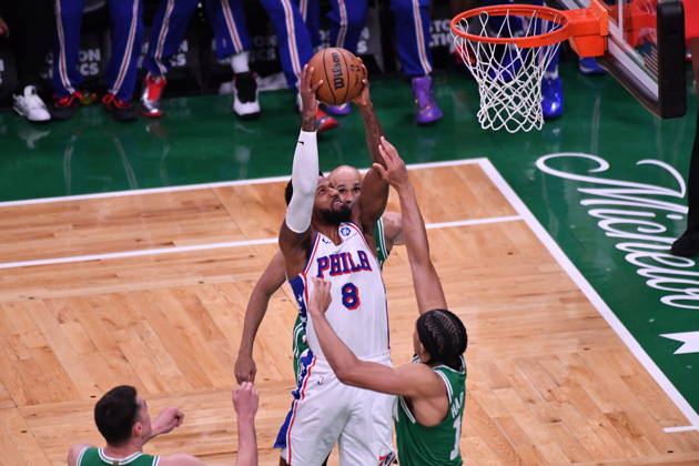 Boston Celtics v Philadelphia 76ers - NBA, Basketball Herren, USA Playoffs BOSTON, UNITED STATES - MAY 02:Paul George (8) of the Philadelphia 76ers takes a shot on net during the Game Seven of the First Round of the NBA Eastern Conference Playoffs at TD Garden in Boston, Massachusetts, on May 02, 2026. Joseph Prezioso Anadolu Massachusetts United States. Editorial use only. Please get in touch for any other usage. Copyright: x2026xAnadoluxJosephxPreziosox