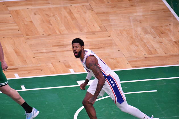 Boston Celtics v Philadelphia 76ers - NBA, Basketball Herren, USA Playoffs BOSTON, UNITED STATES - MAY 02:Paul George (8) of the Philadelphia 76ers celebrates after scoring a shot on net during the Game Seven of the First Round of the NBA Eastern Conference Playoffs at TD Garden in Boston, Massachusetts, on May 02, 2026. Joseph Prezioso Anadolu Massachusetts United States. Editorial use only. Please get in touch for any other usage. Copyright: x2026xAnadoluxJosephxPreziosox
