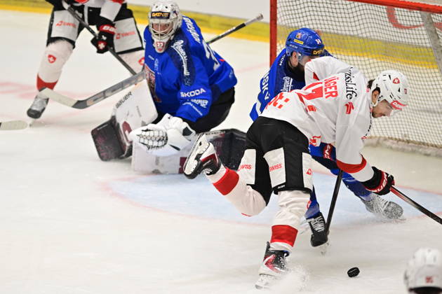 Czech Hockey Games, part of Euro Hockey tour series match Czech Republic vs. Switzerland in Ceske Budejovice, May 3, 2026. From left Czech Josef Korenar, Czech Libor Zabransky, Ken Jager of Switzerland. (CTKxPhoto VaclavxPancer) CTKPhotoP2026050304267  CTKPhotoP2026050304267