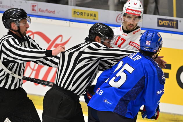 Czech Hockey Games, part of Euro Hockey tour series match Czech Republic vs. Switzerland in Ceske Budejovice, May 3, 2026. From right Czech Matyas Filip and Ken Jager of Switzerland. (CTKxPhoto VaclavxPancer) CTKPhotoP2026050304416  CTKPhotoP2026050304416