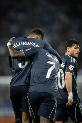 Vinicius Jr Real Madrid CF and Jude Bellingham Real Madrid CF are seen in action during a La Liga EA Sports match between RCD Espanyol and Real Madrid CF at RCDE Stadium in Barcelona, , Spain, on May 03 2026 Photo by Felipe Mondino Copyright: x@FELIPExMONDINOx