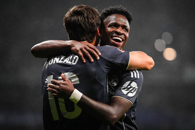 May 3, 2026, Barcelona, Spain, Spain: Vinicius Junior (Jr) of Real Madrid celebrate his goal with Gonzalo GARCIA of Real Madrid during the LaLiga match between RCD Espanyol de Barcelona and Real Madrid CF at RCDE Stadium on May 03, 2026 in Barcelona, Spain. RCD Espanyol De Barcelona V Real Madrid CF - LaLiga - ZUMAm308 20260503_zsp_m308_055 Copyright: xMatthieuxMirvillex